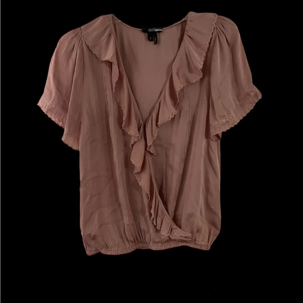 Anthropologie Paige pink scalloped embroidered puff sleeve satin ruffle blouse s